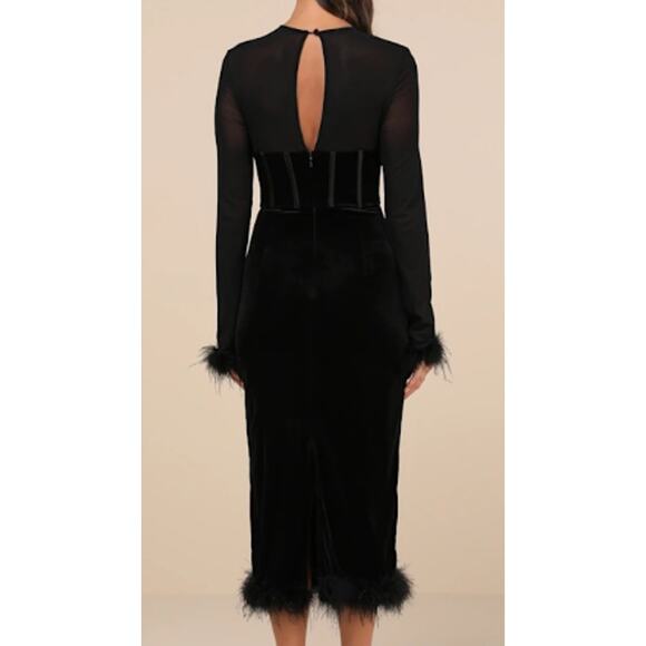 LULUS SZ L Sensational Situation Black Velvet Feather Bustier Midi Dress NWT 0B5 - Picture 2 of 12